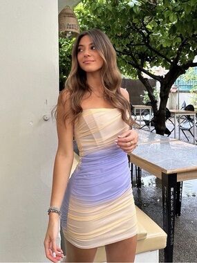 Zara Mesh Mini Dress Orange Purple Strapless Tulle Boning Short Gradient M